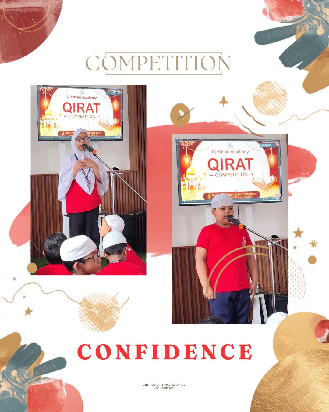 Students participating in a Qirat Competition at Al Ehsan Academy, demonstrating Quran recitation skills and confidence while presenting before an audience.